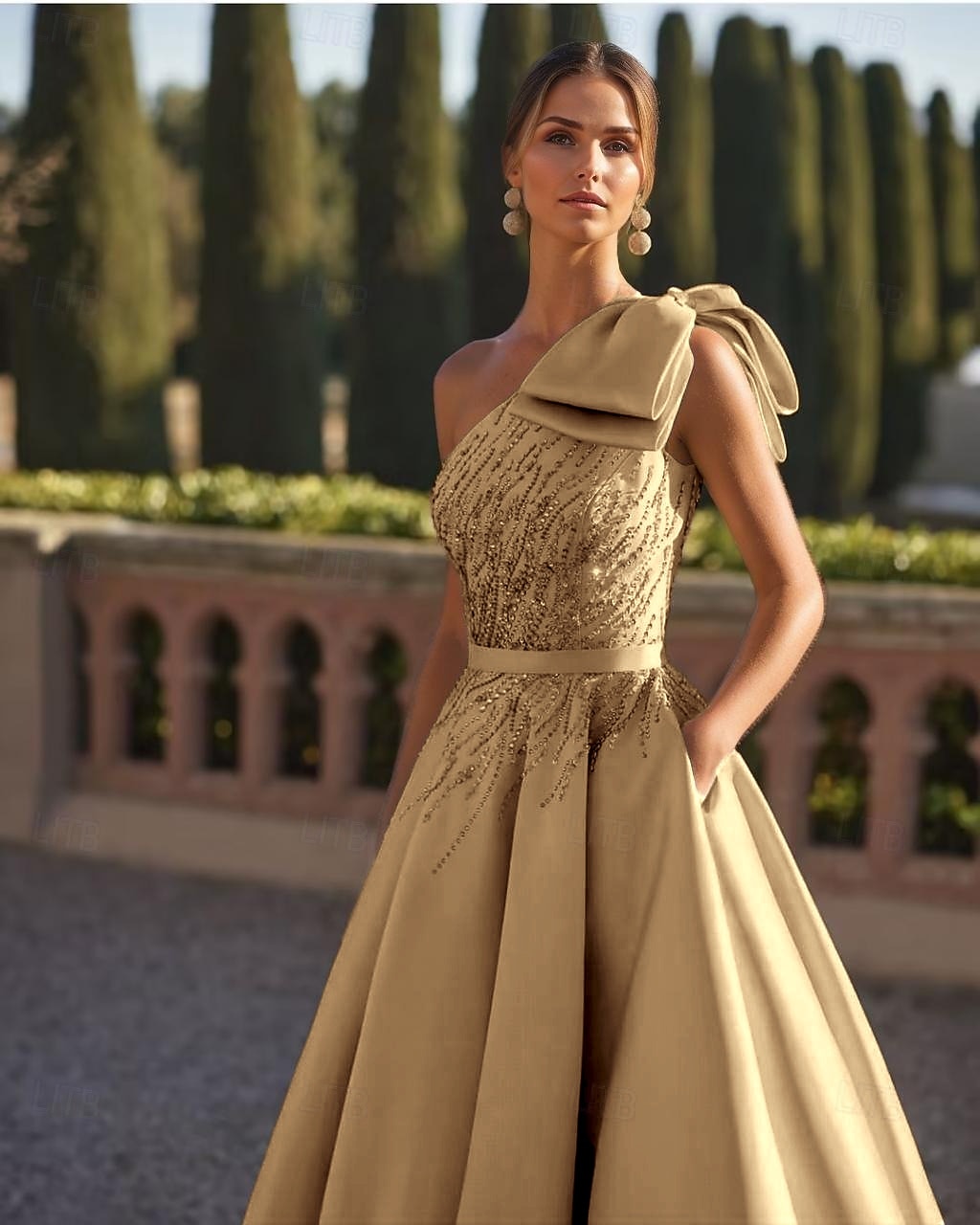 Abito da sera a-linea elegante formale per matrimoni lungo fino al pavimento senza maniche a spalla unica in raso con fiocchi glitterati e perline del 2025 a $174.99 –P5