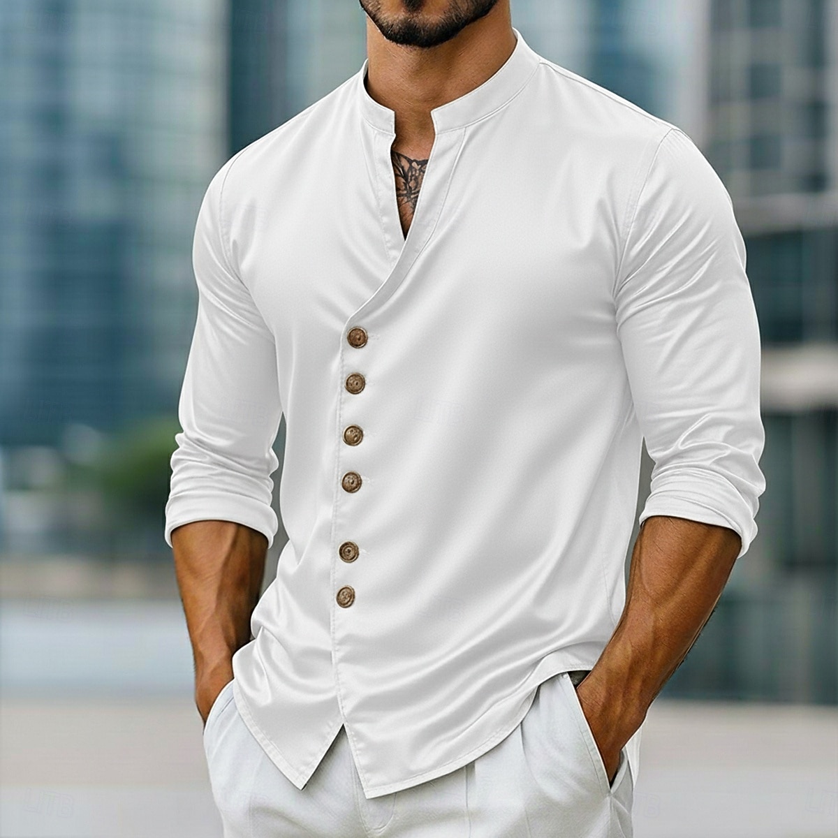 Bărbați Cămașă Cămașă din satin Cămașă de Costum Cămașă casual Camașă cu nasturi Cămașă de bal Simplu Oficial Nuntă Albastru Deschis Negru Alb Albastru regal Manșon Lung În V Toate Sezoanele 2025 - $25.99 –P3