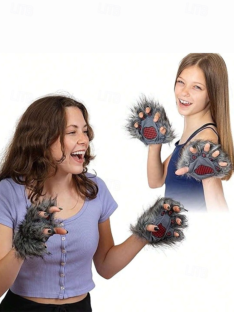 Женские пушистые перчатки в виде лапы оборотня – аксессуары для косплея на Хэллоуин, пушистые варежки в виде когтей монстра для вечеринок и нарядов 2026 - $11.99 –P3