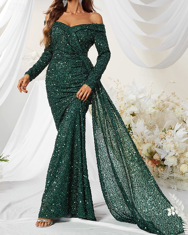 Sereia Vestidos de noite Elegante Traje formal Formal Casamento Cauda Escova Manga Longa Ombro a Ombro Renda com Pregas Franzido 2025 de 2025 por $164.99 –P5