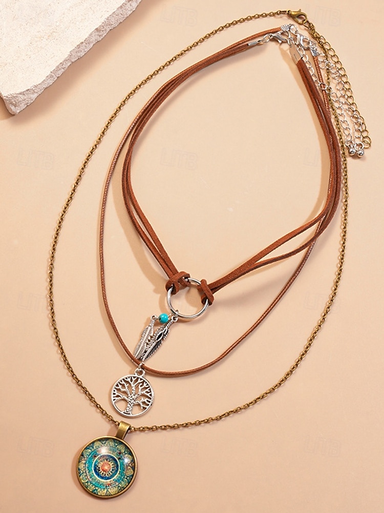 Γυναικείο μποέμ κολιέ με στρώσεις, τριπλό κόσμημα με φτερό, δέντρο της ζωής και vintage στρογγυλό γούρι για φεστιβάλ, πάρτι και casual ρούχα 2025 - $11.99 –P3