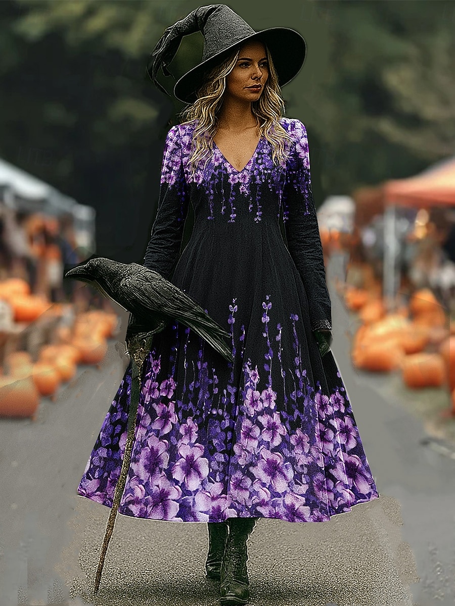 Halloween Dam Maxiklänning A linjeklänning Semester Ledigt Boho Strand Normal Blommig Grafisk Långärmad V-hals Mörklila Svart Rodnande Rosa Vin Vår Höst 2025 - $14.99 –P6