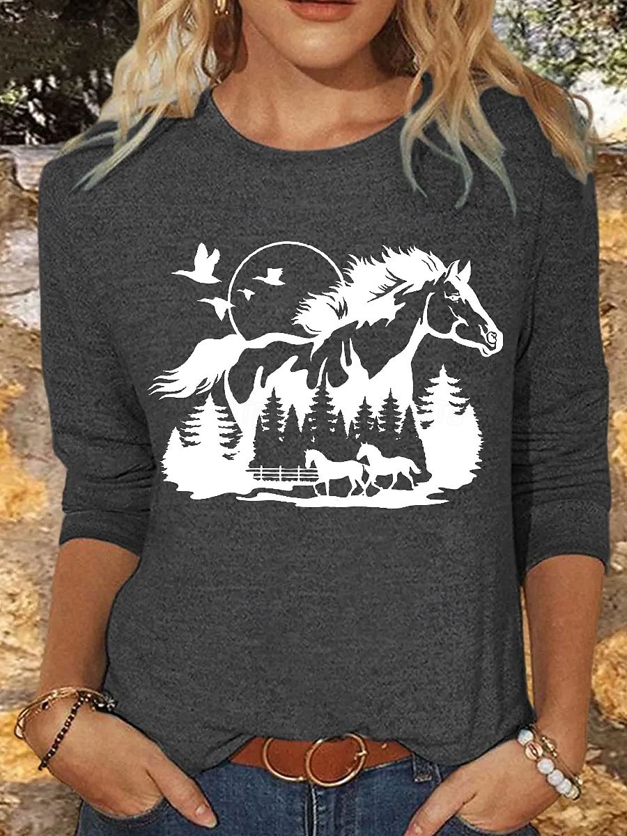Damen T Shirt Druck Grafik Tiermotiv Pferd Vintage Stilvoll Klassisch Langarm Rundhalsausschnitt Rundhals Normale Oberteile Täglich Blau Rosa Khaki Grau Frühling Herbst Winter 2026 - $24.99 –P1