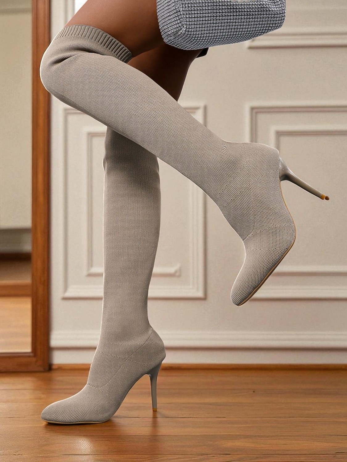 מגפי אופנתיים שחורים סריג מעל הברך עם עקב סטילטו לנשים - מגפיים אלגנטיים נמתחים עד הירכיים למסיבות ערב, מועדונים ואירועים רשמיים 2026 - $46.99 –P4