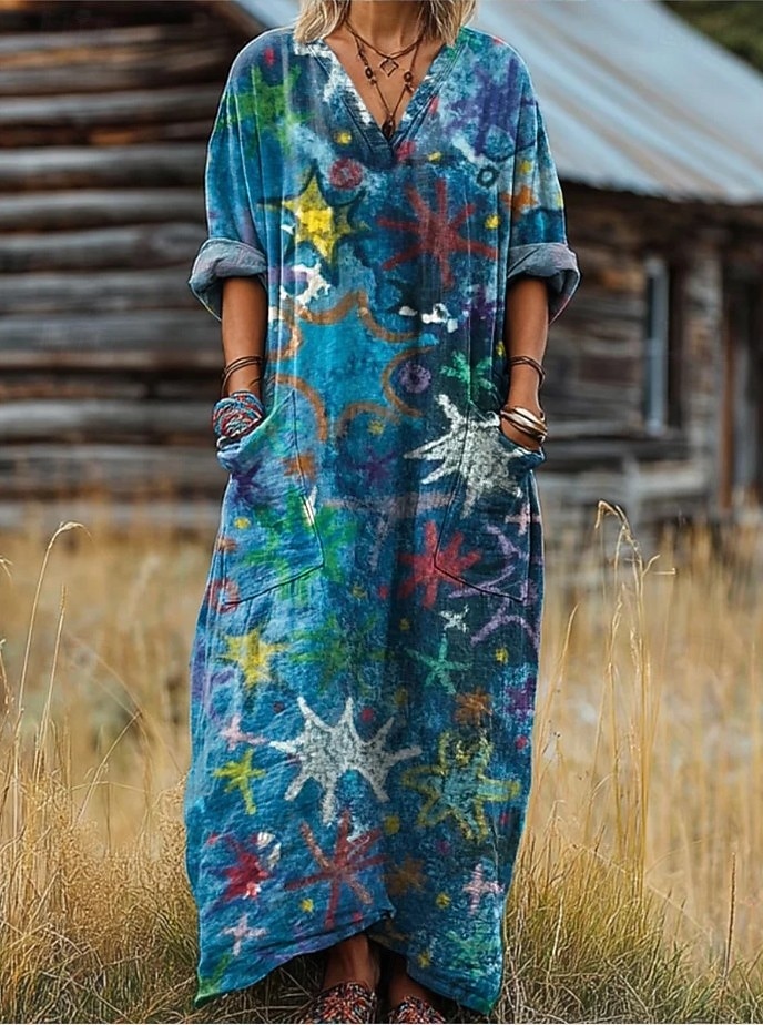 Damen Maxikleid Sommerkleid A Linie Kleid Urlaub Lässig Boho Geburtstag Täglich Ferien Lässiger Schnitt Blumen Langarm V Ausschnitt Marineblau Leicht Braun Blau Violett Frühling Herbst 2025 - $38.99 –P3