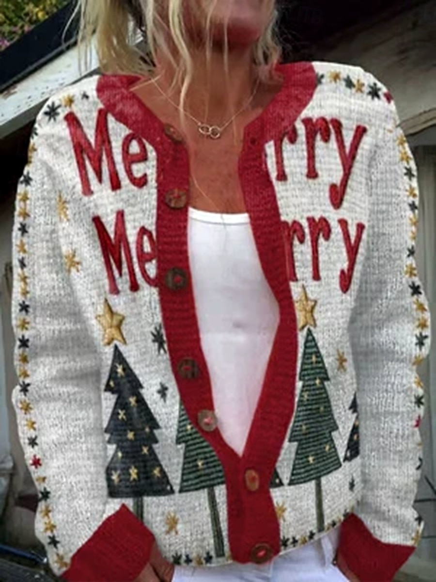 Women's Cardigan Daily Stylish Floral Graphic Snowman Ribbed Crew Neck V Neck Buttons Print Long Sleeve Regular Tops Knit Outdoor Weekend Pink Red Fall Winter 2025 - $41.99 –P1