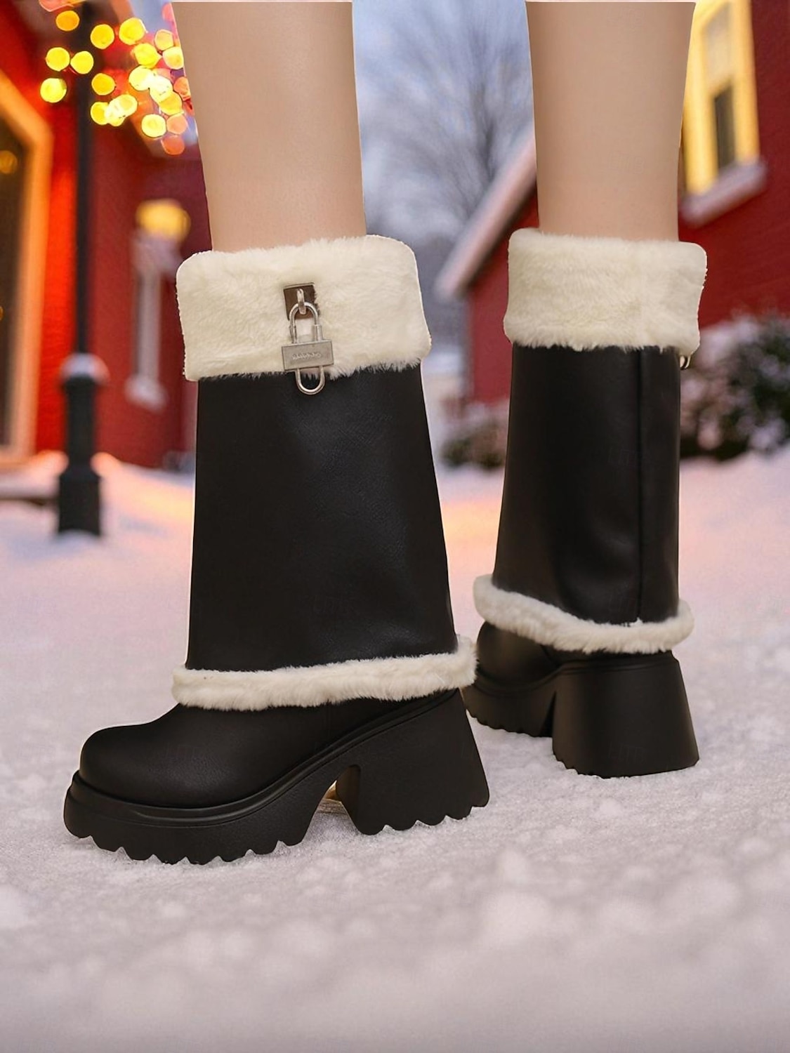 Women's Faux Leather Knee High Winter Boots with Faux Fur Trim and Block Heel - Warm Fashion Snow Boots for Ladies, Casual Streetwear, Outdoor & Holiday Outfits 2025 - CAD $89.99 –P3