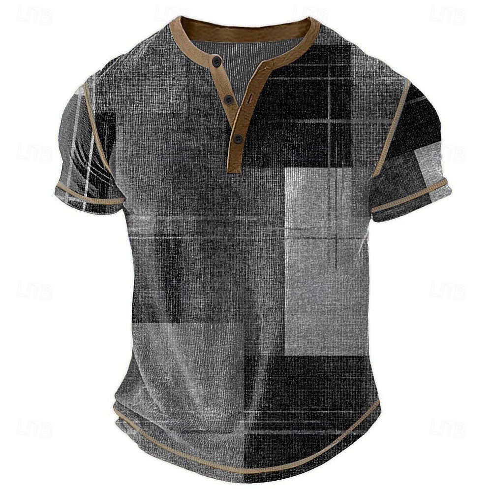 Men's Plaid Patchwork Henley Shirt Waffle T Shirt Short Sleeve Daily Retro Vintage Classic Sports Outdoor Casual Holiday Spring & Summer All Seasons Dark Brown Dark Grey Dark Blue Green Henley Henley 2026 - $28.99 –P1
