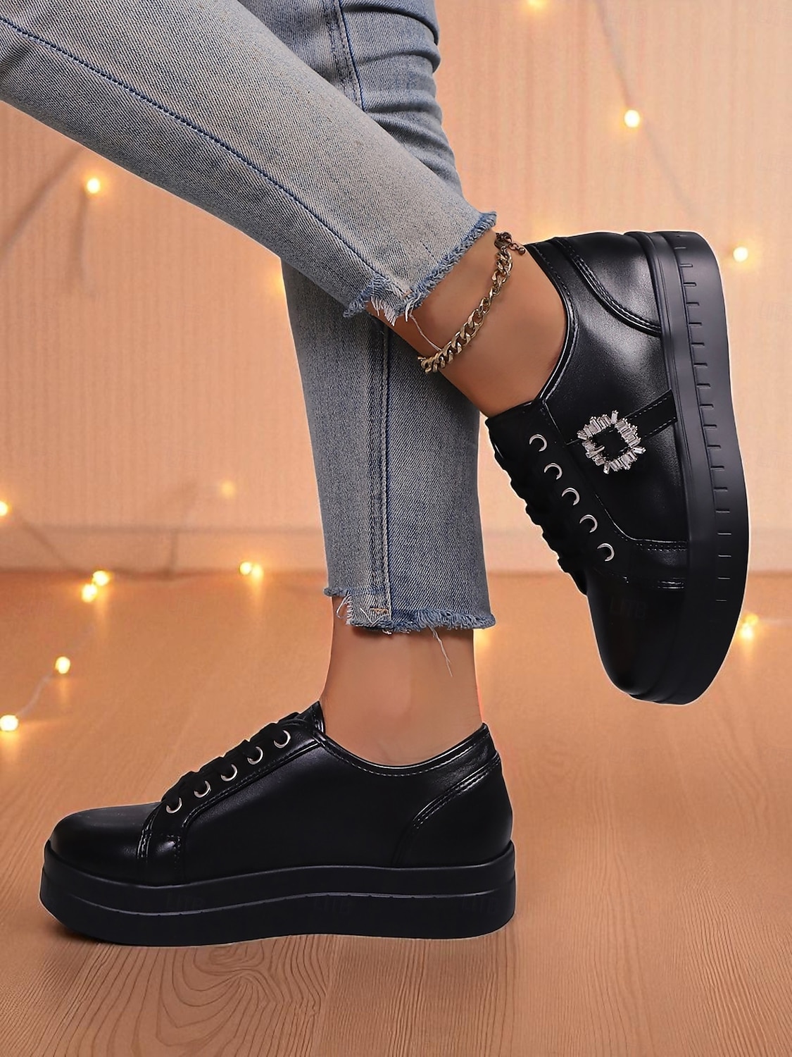 Women's Silver Metallic Lace-Up Sneakers with Rhinestone Buckle - Fashion Casual Shoes for Nightlife Parties and Club Outfits 2026 - $29.99 –P4