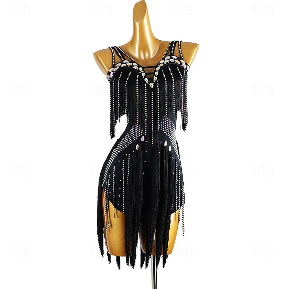 Women's Black Fringe Latin Dance Dress with Rhinestone Detailing, Sleeveless, and Crisscross Straps – Perfect for Salsa, Rumba, and Performance Wear 2026 - $222.79 –P1
