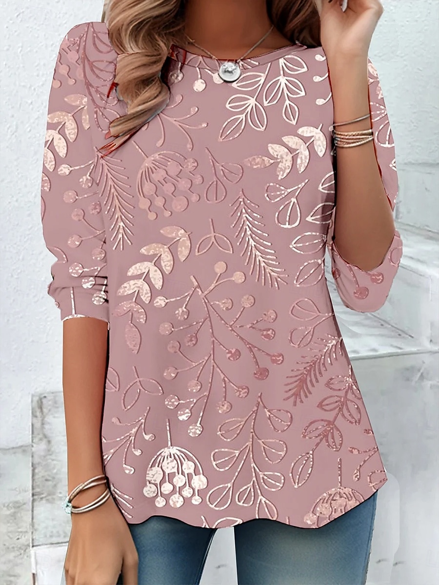 Dámské Tričko Tisk Květinový Grafika Abstraktní Vinobraní stylové Klasické Dlouhý rukáv Tričkový Kulatý Běžné topy Denní Bílá Světlá růžová Jaro Podzim Zima 2026 - $24.99 –P4