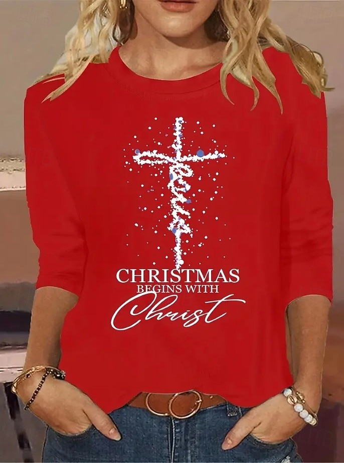 Noël Femmes T-shirt Graphique Lettre Croix ancien Mode Élégant manche longue Col ras du cou Col rond Hauts Réguliers Quotidien Week-end Imprimé Noir Jaune Rouge Bleu Printemps Automne Hiver de 2025 ? $26.99 –P1