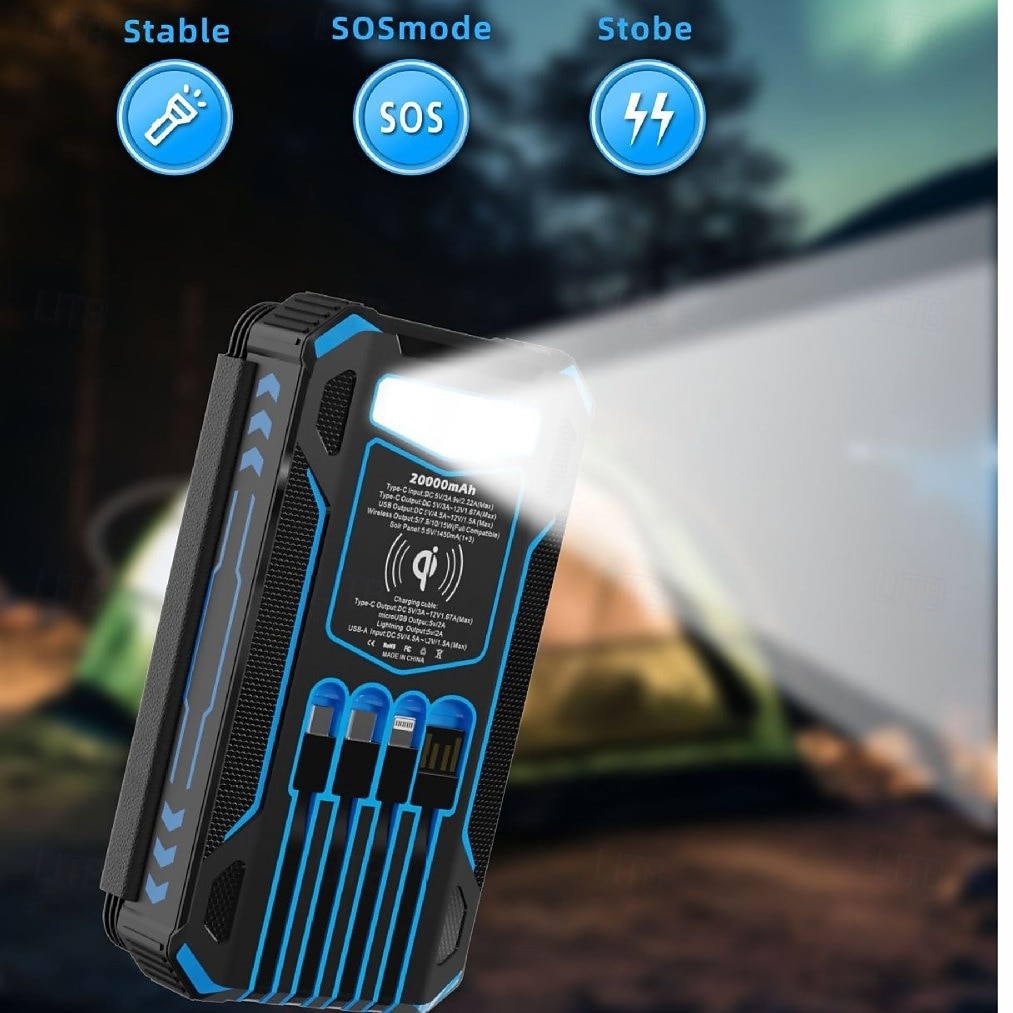 Солнечное зарядное устройство Power Bank-20000 мАч, беспроводное портативное зарядное устройство со встроенными 4 кабелями и 4 солнечными панелями, быстрая зарядка PD QC, аккумулятор USB C с фонариком 2025 - $63.99 –P5