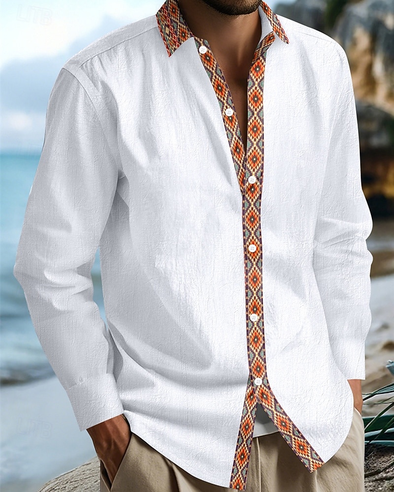 Herren Hemd Sommerhemd Freizeithemd Strandhemd Knopfhemd Schwarz Weiß Marineblau Kaki Leicht Blau Langarm Argyle Revers Urlaub Hawaiianisch Patchwork Bekleidung Leinen Mode Lässig Bequem 2025 - $22.99 –P1