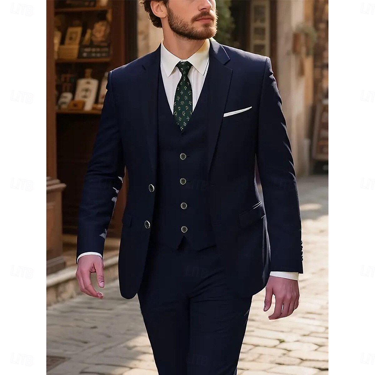 Herren Hochzeit Geschäft Business-Anzüge Gekerbtes Revers Schwarz Dunkelblau Formell Einfarbig Figurbetonter Schnitt 3-teilig 2025 - $109.99 –P7