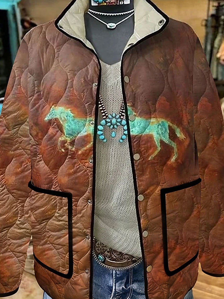 Women's Winter Jacket Quilted Jacket Warm Lightweight Buttons Print Active Vintage Artistic Casual Animal Casual Regular Stand Collar Regular Fit Long Sleeve Outerwear Coffee Fall Winter 2025 - $47.99 –P3