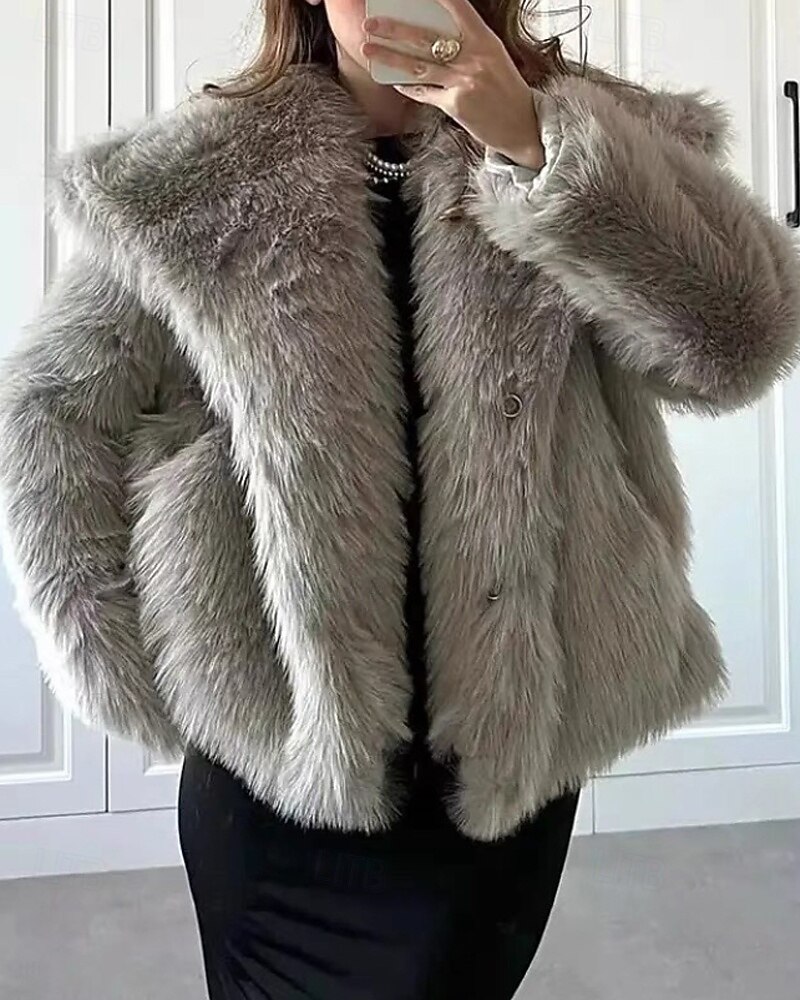 Damen Kunstpelzmantel Warm Bequem Pelze & Leder Lässig Einfach Urlaub Straße Ferien Ausgehen Regulär Umlegekragen Normale Passform Langarm Oberbekleidung Hell Gray Herbst Winter 2025 - $52.99 –P1