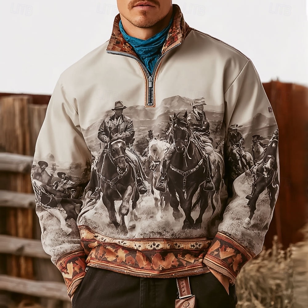 Voor heren Cowboy Sweatshirt Etnisch Vintage Retro Lange mouw Opstaand Buiten Werk Lahja Bruin Vetoketju Herfst Winter Ontwerper S M L XL XXL XXXL 2026 - $28.99 –P1