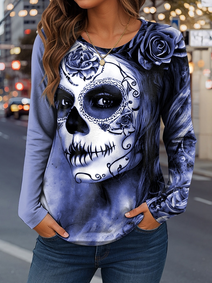 Camiseta Feminina de Halloween Gráfica de Caveiras Moda Casual Manga Longa Gola Redonda Tops Regulares Diário Fim de Semana Impressão Vermelho Azul Roxo Verde Caqui Primavera Outono Inverno de 2026 por $24.99 –P3