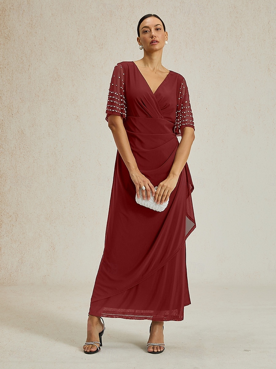 Γυναικεία Μακρύ φόρεμα Φόρεμα σε ευθεία γραμμή Κομψό Βραδινό Πάρτυ Επισκέπτης γάμου Κοκτέιλ Πάρτι Κανονικό Συμπαγές Χρώμα Κοντομάνικο Λαιμόκοψη V Ρουμπίνι 2026 - $149.99 –P10