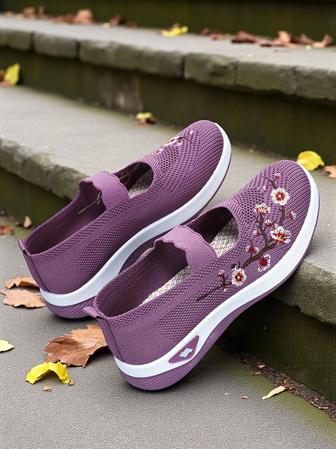 sneakers da donna modello Mary Jane in Flyknit viola con ricami floreali, scarpe leggere e traspiranti per camminare e per outfit casual del 2026 a $18.99 –P2