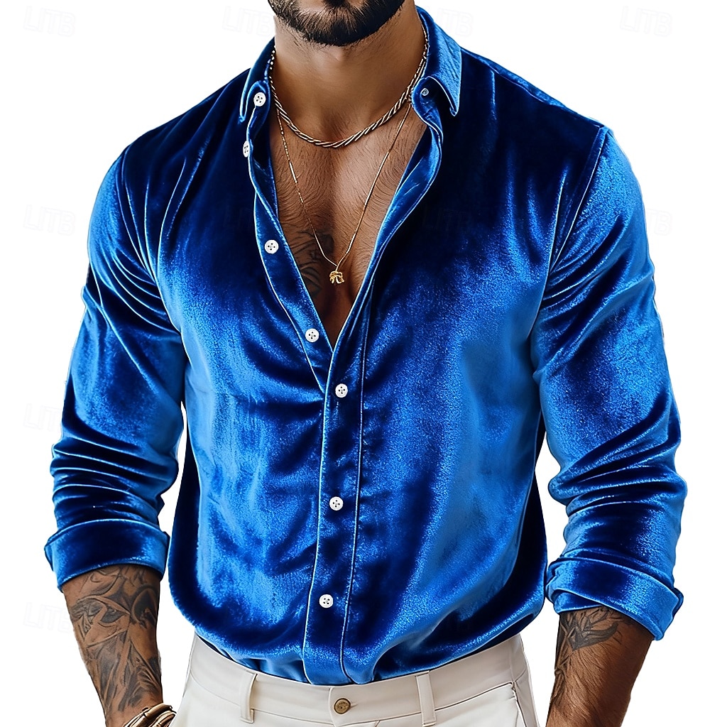 Miesten Paita Rento paita Joulupaita Samettipaita Viini Kuninkaallinen sininen Pitkähihainen Yhtenäinen väri Tavallinen Paitapuserokaula-aukko Karnevaali Joulu Napit Vaatetus Sametti Polyesteri Joulu 2026 - $25.99 –P3