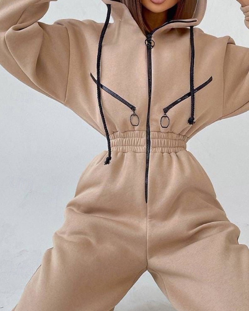 Női Szabályos Jumpsuitek Utcai sikk Színes Hosszú ujj Kapucni Kollázs Cipzár Utca Napi Normál Fehér Arcpír rózsaszín Medence Ősz 2025 - $27.99 –P1
