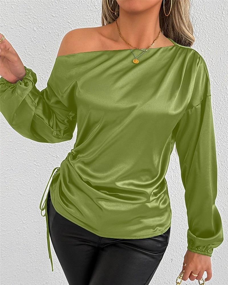 Mulheres Camisa Social Elegant Elegante Top de cetim Assimétrico Tecido à moda Casual Manga Longa ombro frio Tops regulares Diário Para Noite Preto Verde Primavera Outono de 2026 por $28.99 –P11