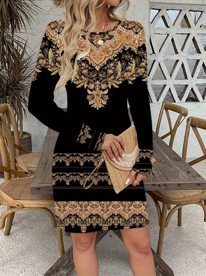 Women's Mini Dress Corset Dress Vacation Casual Boho Daily Birthday Holiday  Regular Fit Graphic Paisley Tribal Long Sleeve Crew Neck Black Gold Gray  Spring Fall Winter 2026