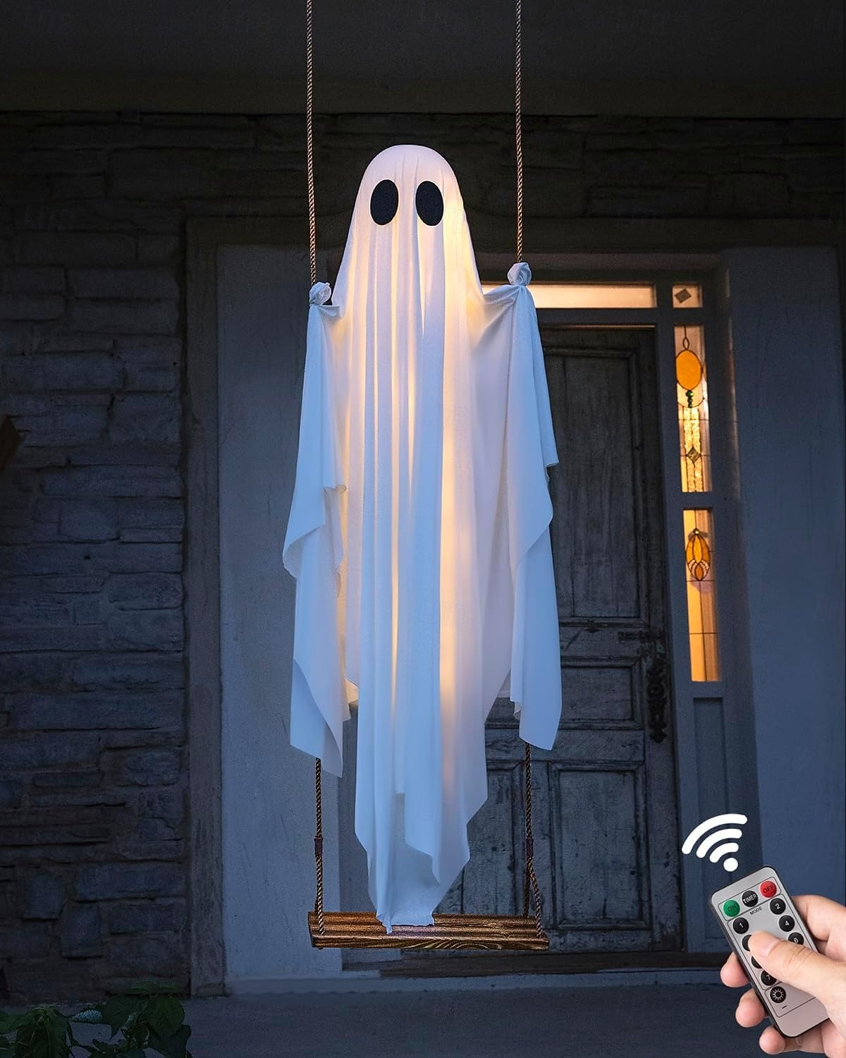 2025年 ハロウィン スイングゴースト デコレーション 屋外用 5.9フィート 大型 吊り下げゴースト スイング リモコン付き ストリングライト付き 不気味でかわいいゴースト デコレーション 木 ポーチ 庭 庭 芝生用  コレクション – $47.99 –P1