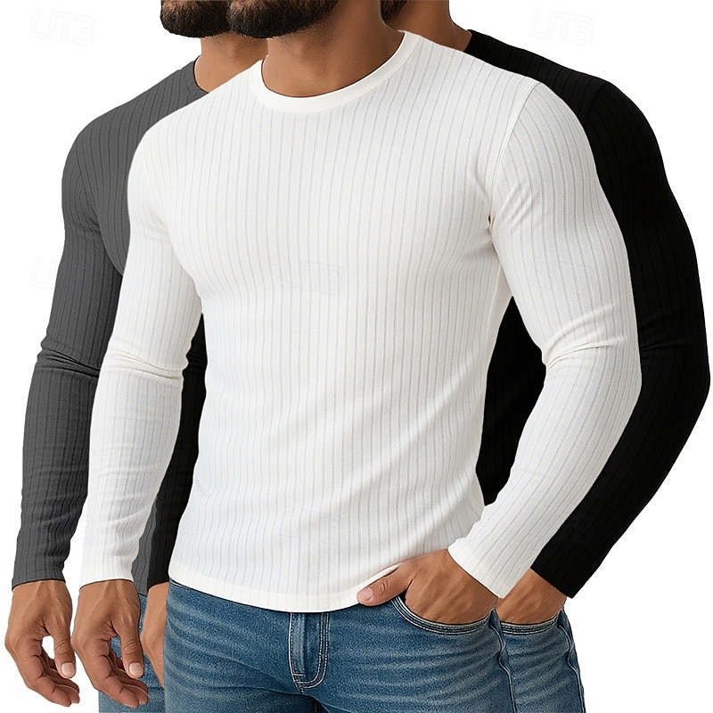 Ανδρικά Μπλουζάκι Μυϊκό πουκάμισο Πλεκτό μπλουζάκι με ραβδώσεις Μπλουζάκι μπλουζάκι Μακρυμάνικο Στρογγυλή Ψηλή Λαιμόκοψη Άνοιξη Φθινόπωρο Όλες οι εποχές Σκέτο Με Υφή Pit Strip 2025 - $55.99 –P7