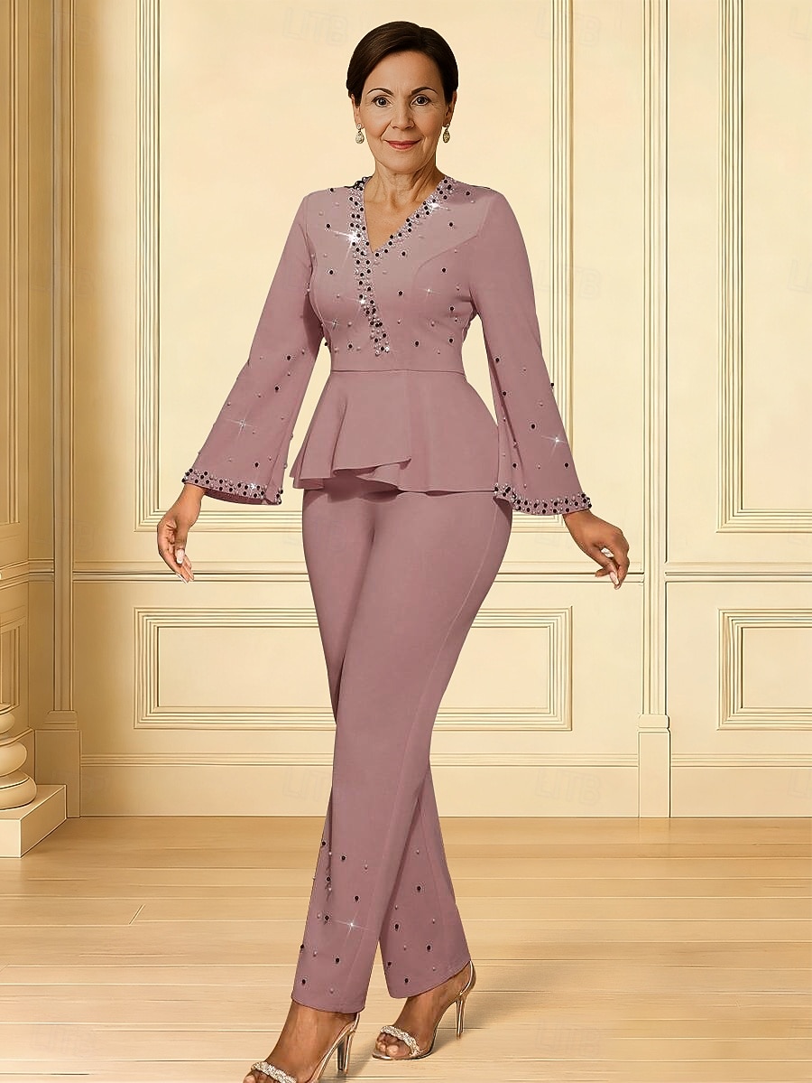 Overalls Knöchellänge Brautmutterkleid Langarm V Ausschnitt Elegant Formell Hochzeitsgast Hochzeitsfeier Stretchstoff mit Rüschen 2026 - $172.99 –P1