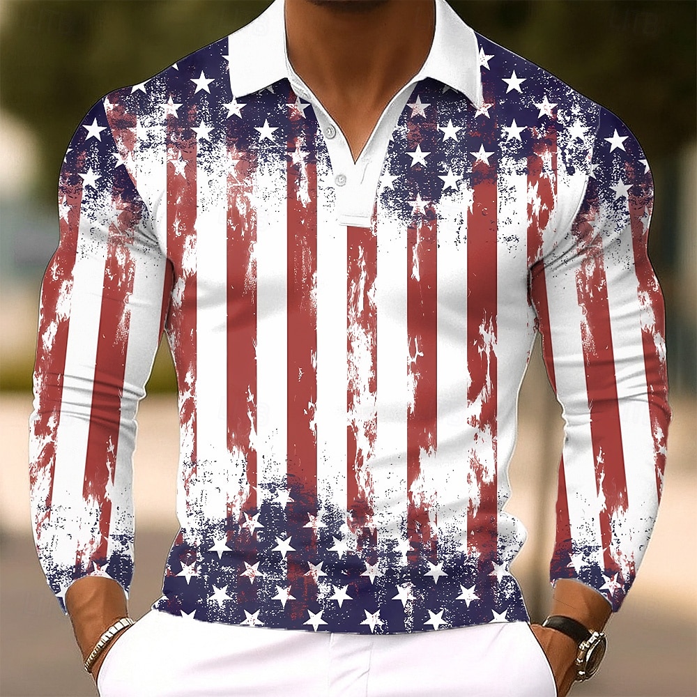 4. Juli 2026 250. Herren Amerikanische US-Flagge Polo Langarm Polo-Shirts Revers Lässig Outdoor Straße Alltagskleidung 3D-Druck Knöpfe Frühling Herbst Winter Blau 2026 - $22.99 –P1