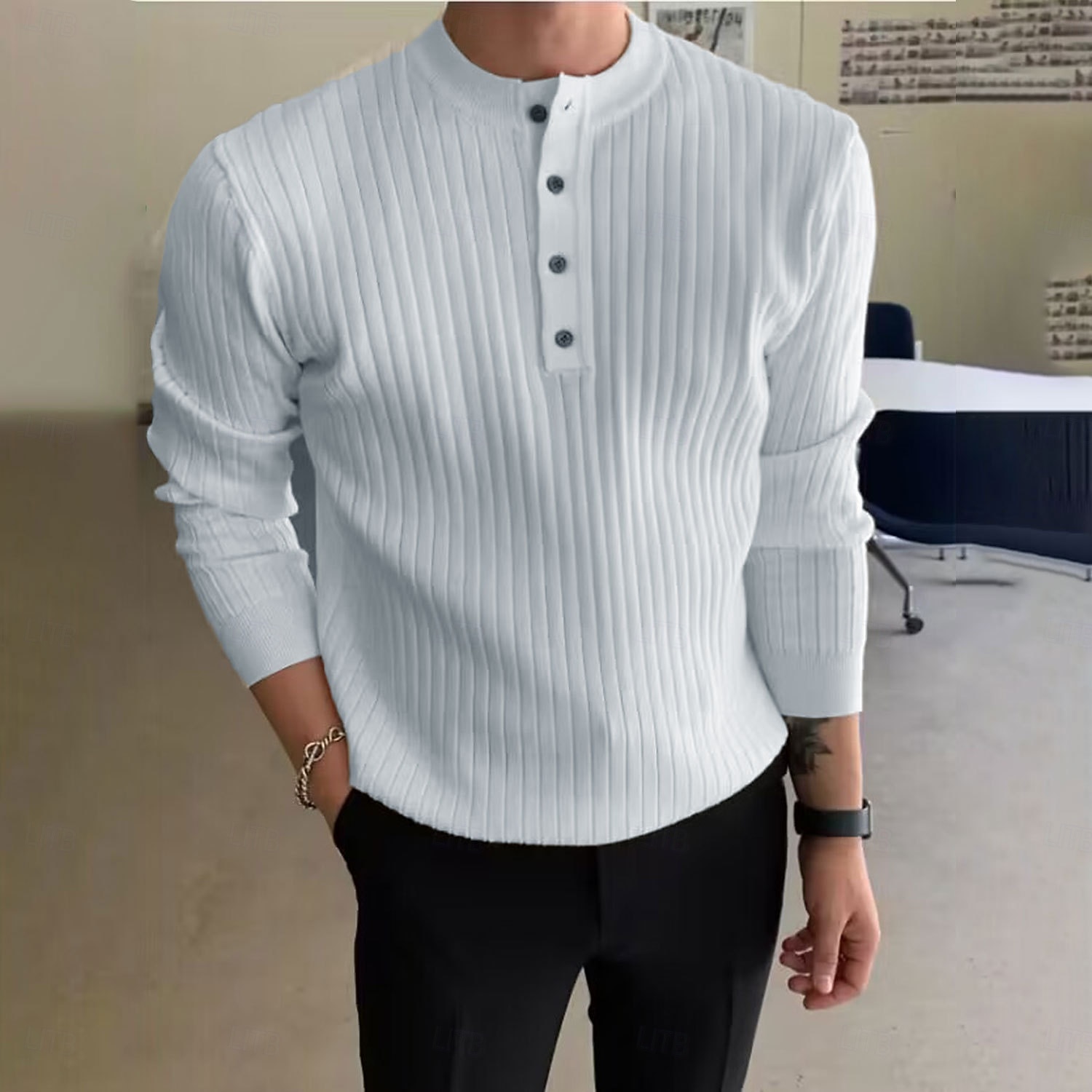 2025年 男性用 Tシャツ マッスルシャツ リブニットTシャツ ティートップ 長袖 ヘンリーカラー 春 秋 冬 平織り ピットストリップ ファッション デザイナー ベーシック 編み バケーション ストリート カジュアル ブラック ホワイト ブルー メンズトップTシャツ  コレクション – $19.99 –P2