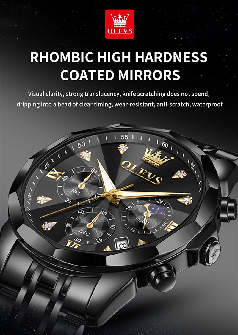 The New Olevs Men'S Business Watch With Luminous Calendar Small Three-Hand Moon Phase Display Multi-Functional Quartz Watch Waterproof Casual And Fashionable Men'S Sports Wristwatch 2025 - $34.99 –P7
