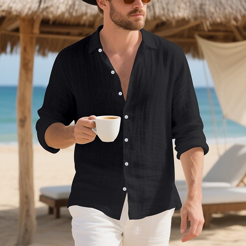 Herren Hemd Leinenhemd Freizeithemd Knopfhemd Baumwollhemd Einfach Urlaub Hawaiianisch Schwarz Weiß Gelb Marineblau Langarm Revers Frühling Herbst Bekleidung 2025 - $19.49 –P12