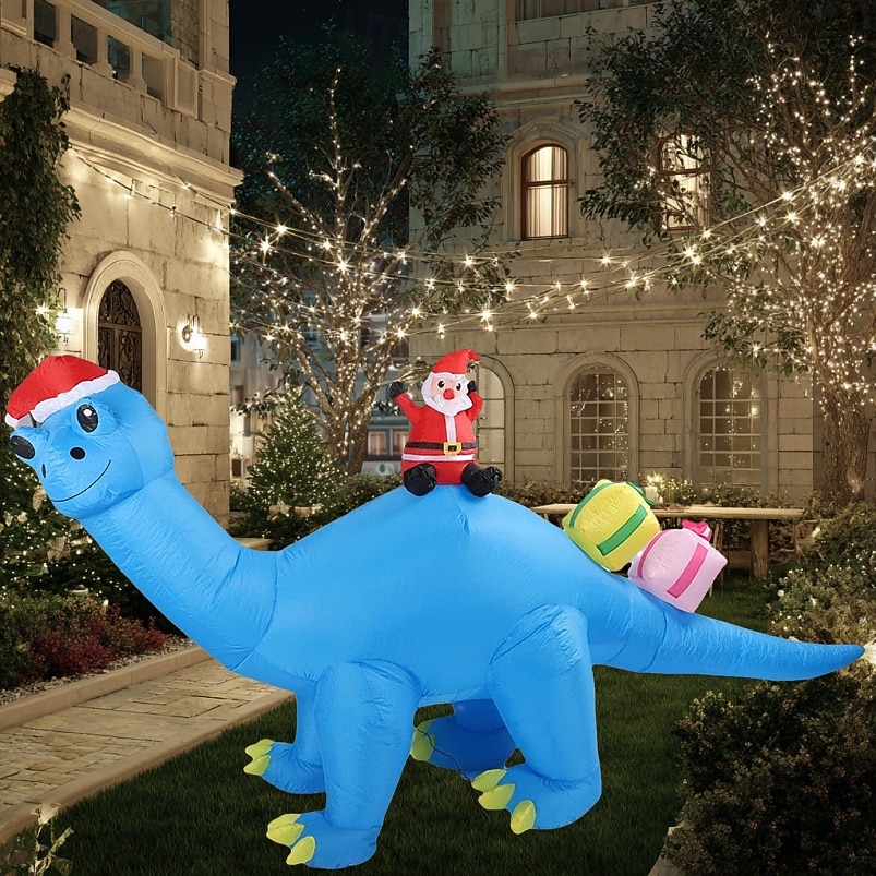 Papá Noel navideño con sombrero azul de Navidad, dinosaurio LED con luz, modelo inflable impermeable para interiores y exteriores, patio, césped, fiesta, ambiente festivo, decoración, luz de apoyo 2025 - $51.99 –P1