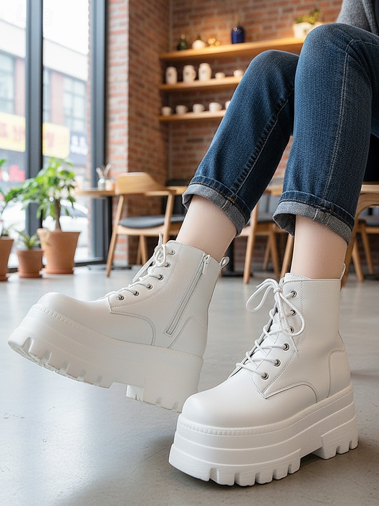 Women's White Platform Lace-Up Ankle Boots with Height Increasing Sole -Trendy Chunky Heel Fashion Boots for Casual and Streetwear 2025 - $54.99 –P2