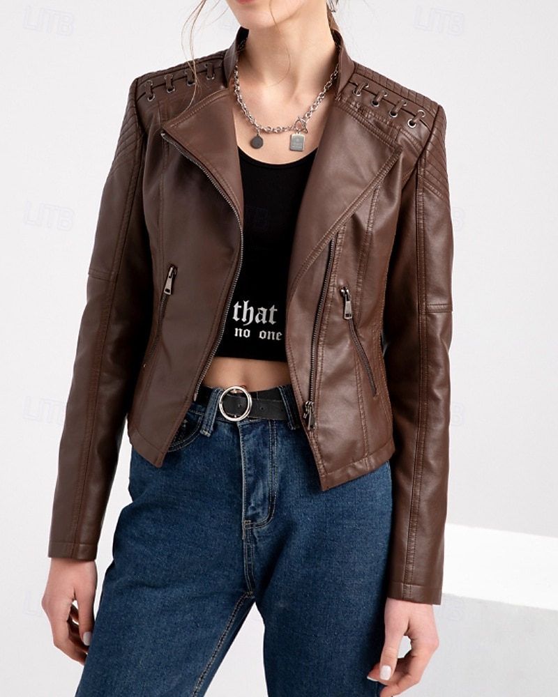 Per donna Giacca in Ecopelle Confortevole Cerniera Tasca Casual Semplice Vacanza Abbigliamento quotidiano Uscire Weekend Regolare Collo ripiegato Vestibilità regolare Manica Lunga Capispalla Nero del 2025 a $53.99 –P6