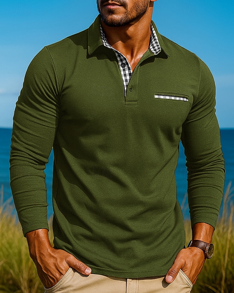 Herre POLO T-skjorte Langermet Aftæpning Topper Utendørs Pustende Vår Høst Polyester Svart Militærgrønn Rød Tennis Golf Løp 2026 - $26.99 –P5