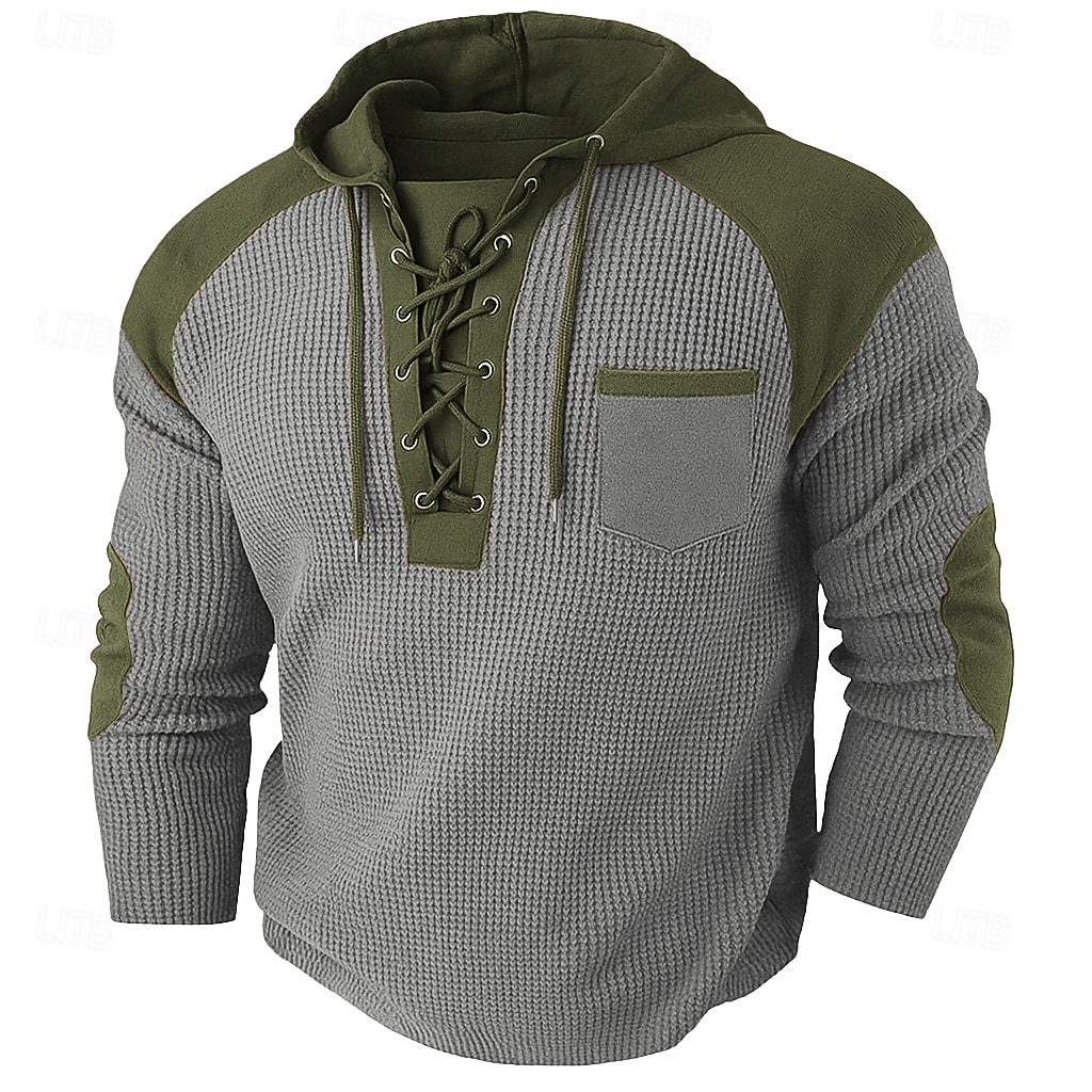 Pánské Vaflové tričko Waffle Henley košile Dlouhý rukáv Kapuce Jaro & podzim Pevná barva Módní Šňůrky Kapsy Slátanina Venkovní Večírek ulice Černá Šedá Vodní modrá Top tričko pro muže 2025 - $26.99 –P1