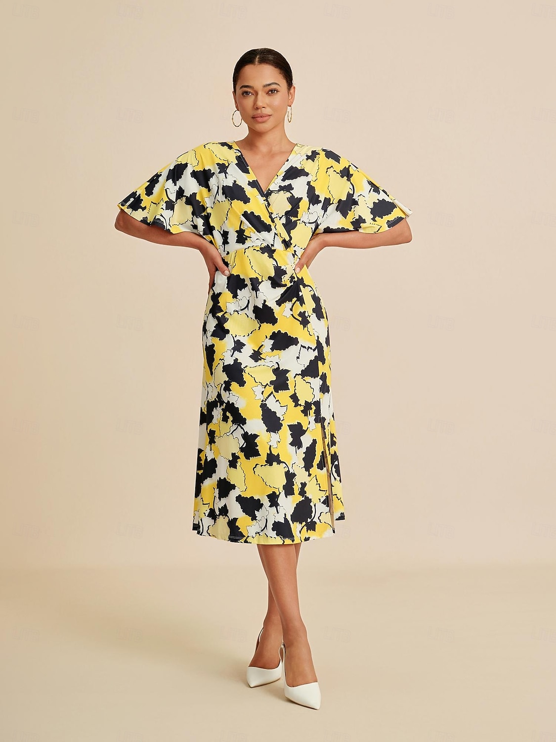 Femminile Abito Elegante Abito Midi Giallo Manica Corta Astratto Estate Primavera Autunno Scollo a V Elegante Abito elegante S M L del 2025 a $86.99 –P7