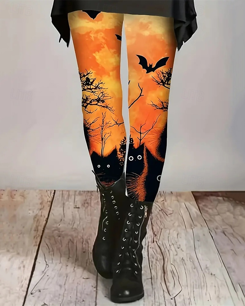Damen Leggings Gemütliche Leggings Basic Lässig Volle Länge Hohe TaillePantsHalloween Katze Fledermaus Drucken Thermowarm Bequem Dehnbar Urlaub Straße Lässig Orange Herbst Winter Schmale Passform 2025 - $21.99 –P1