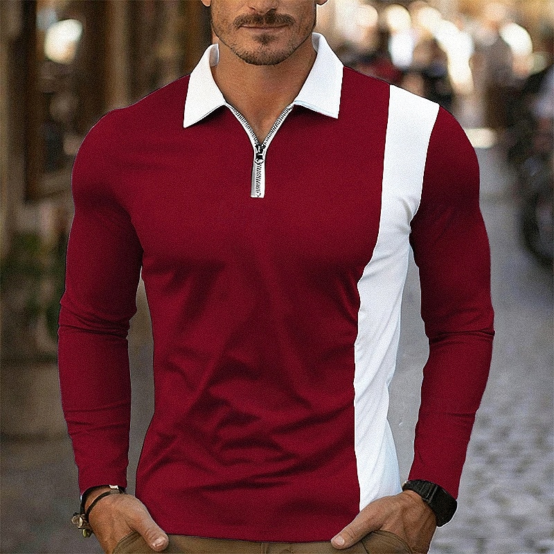 Per uomo Polo Polo con zip a un quarto Abbigliamento quotidiano Data Bavero Manica Lunga Moda Essenziale Blocco di colori Cerniera Primavera Autunno Vestibilità regolare Nero Bianco Vino Blu marino del 2026 a $18.99 –P5