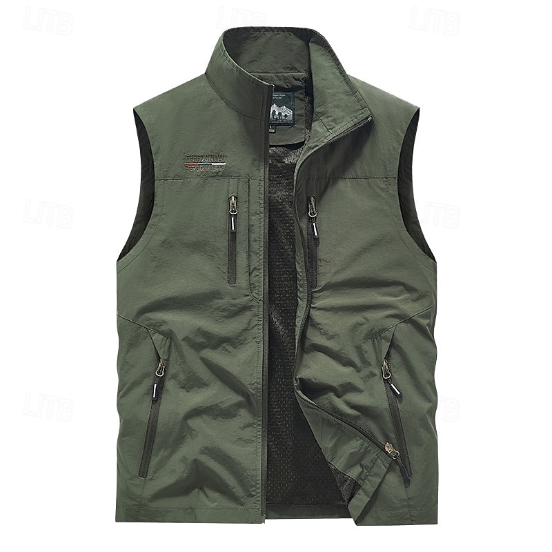 Homens colete ao ar livre Colete colete de pesca Ao ar livre Diário Moda Casual Primavera Outono Bolsos Poliéster Confortável Tecido Zíper Colarinho Chinês Normal Preto Laranja Cáqui Verde Tropa de 2026 por $31.99 –P11