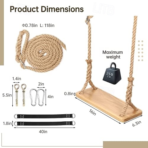 Trehuske med anheng, 61 x 20 x 3 cm, for voksne og barn som veier 227 kg, justerbart hampetau og et trespill i 380 cm 2025 - $102.99 –P3