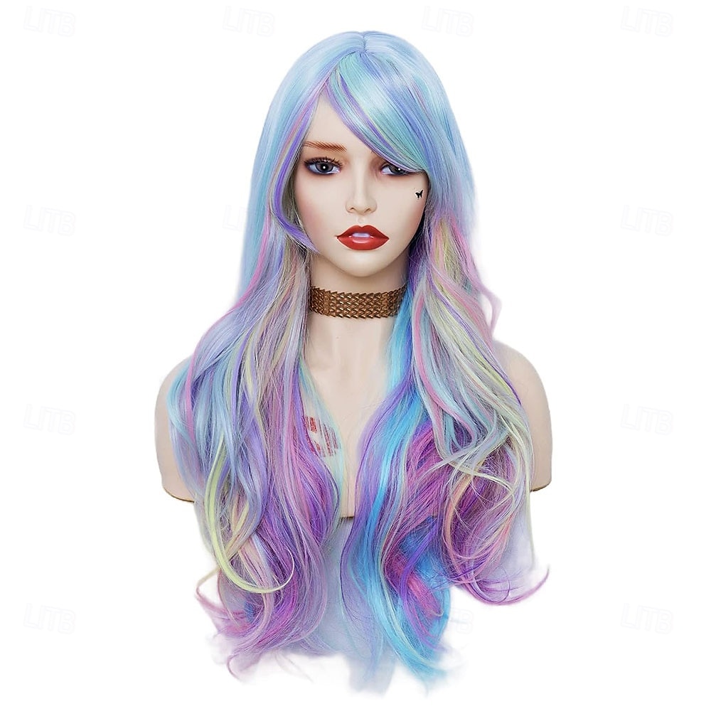 2025年 Rugelyss レインボー カラフルウィッグ 女性用 26インチ ウェーブ ファッション 合成フルヘッドヘアウィッグ 前髪付き コスプレやパーティーに最適  コレクション – $23.99 –P4