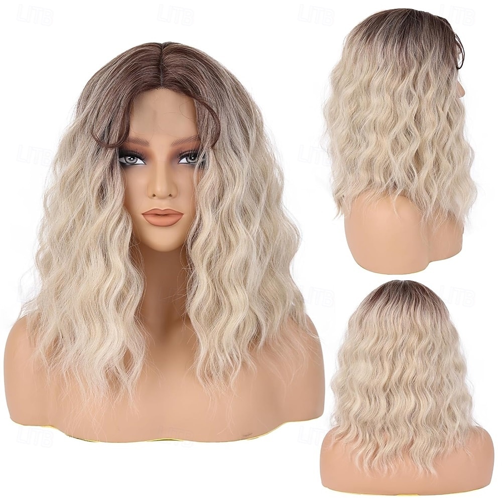 Peruci pentru femei, de culoare maro nuc ombre până la blond cenușiu, pentru păr, lungime medie, 40 cm, creț și ondulat, cu despărțire pe mijloc, perucă sintetică cu aspect natural, pentru 2025 - $22.99 –P2