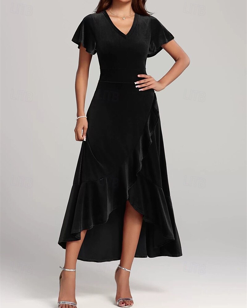 Women's Midi Dress Christmas Dress Velvet Dress Cocktail Dress Elegant Fashion Modern Daily Outdoor Evening Party Regular Fit Plain Short Sleeve V Neck Black Red Purple Spring Autumn 2026 - $34.99 –P5