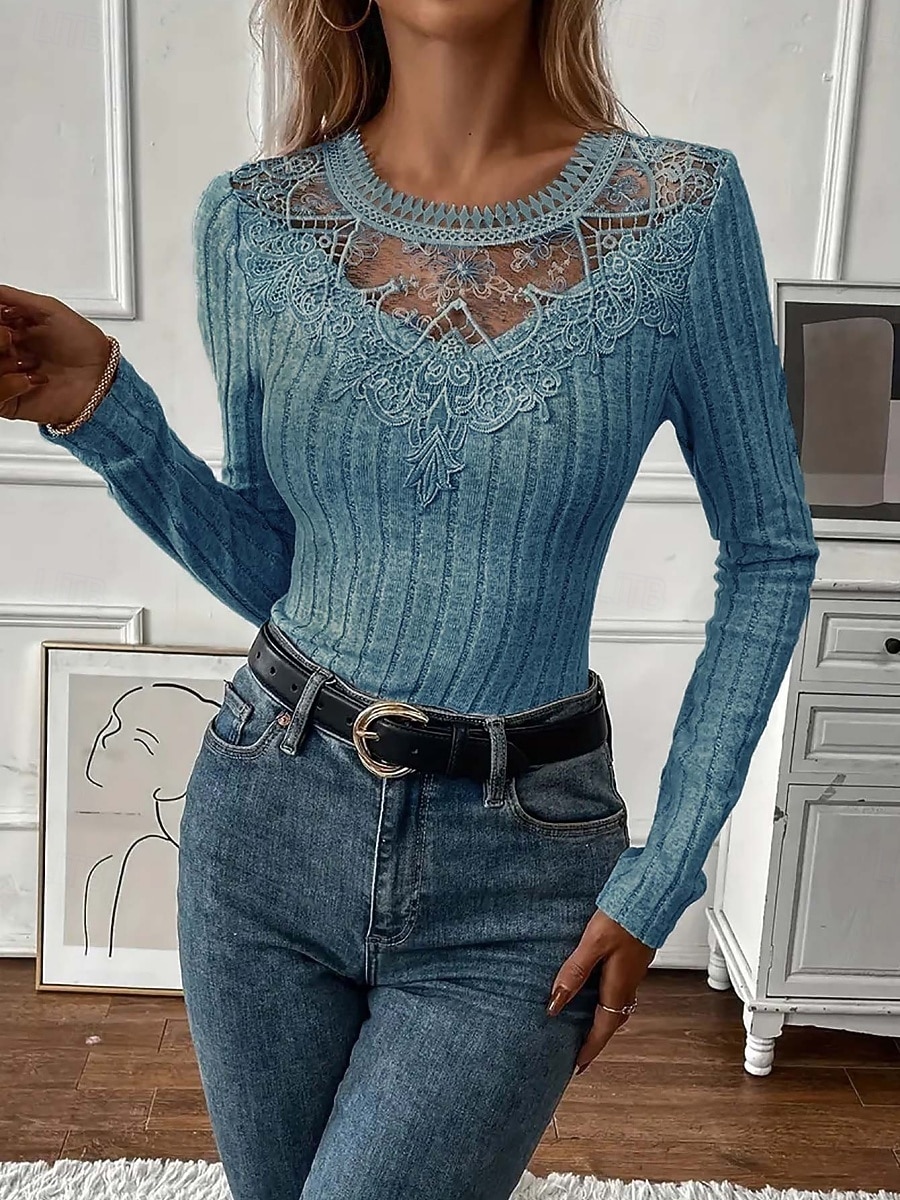 Per donna Blusa Pizzo Patchwork Tinta unica Elegante Essenziale Casual Manica Lunga Girocollo Top Regolari Quotidiano Nero Bianco Rosa Viola Grigio Primavera Autunno Inverno del 2026 a $21.99 –P13